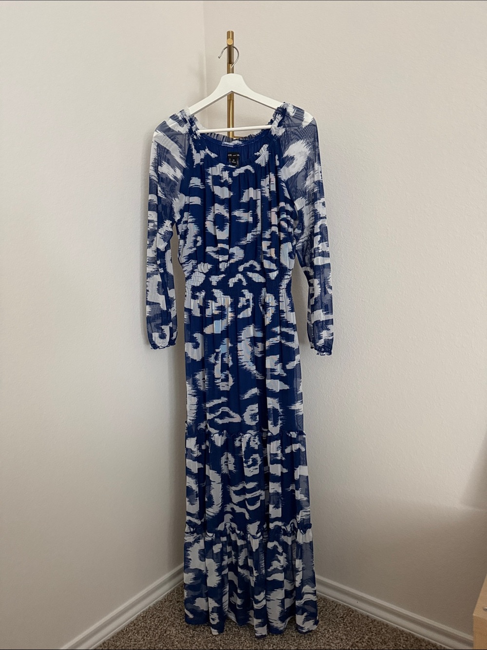 Navy and White Printed Maxi Dress with Elastic Waist